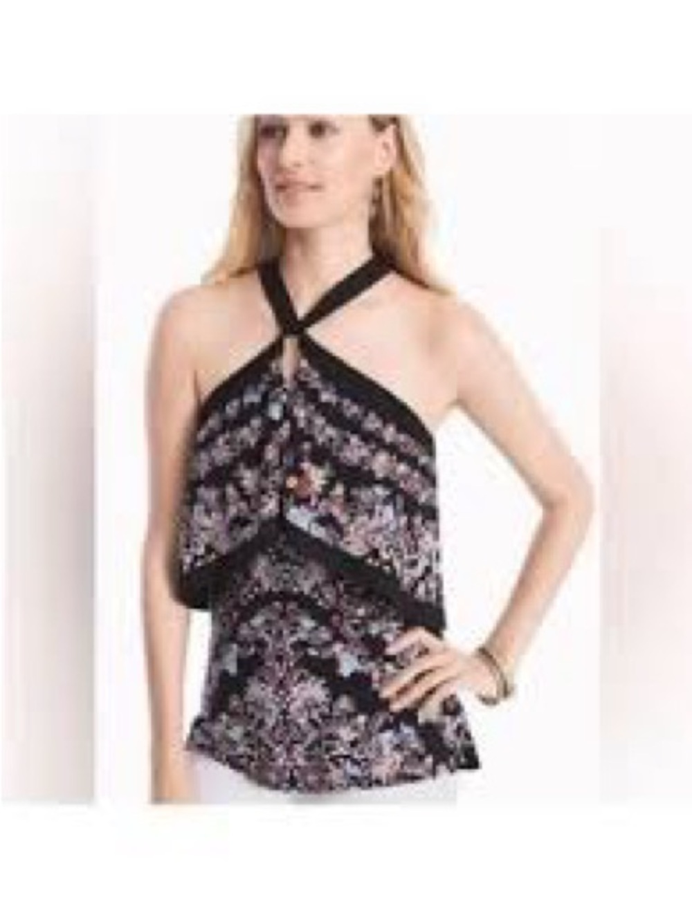 White House Black Market Black Floral Halter Halter Top